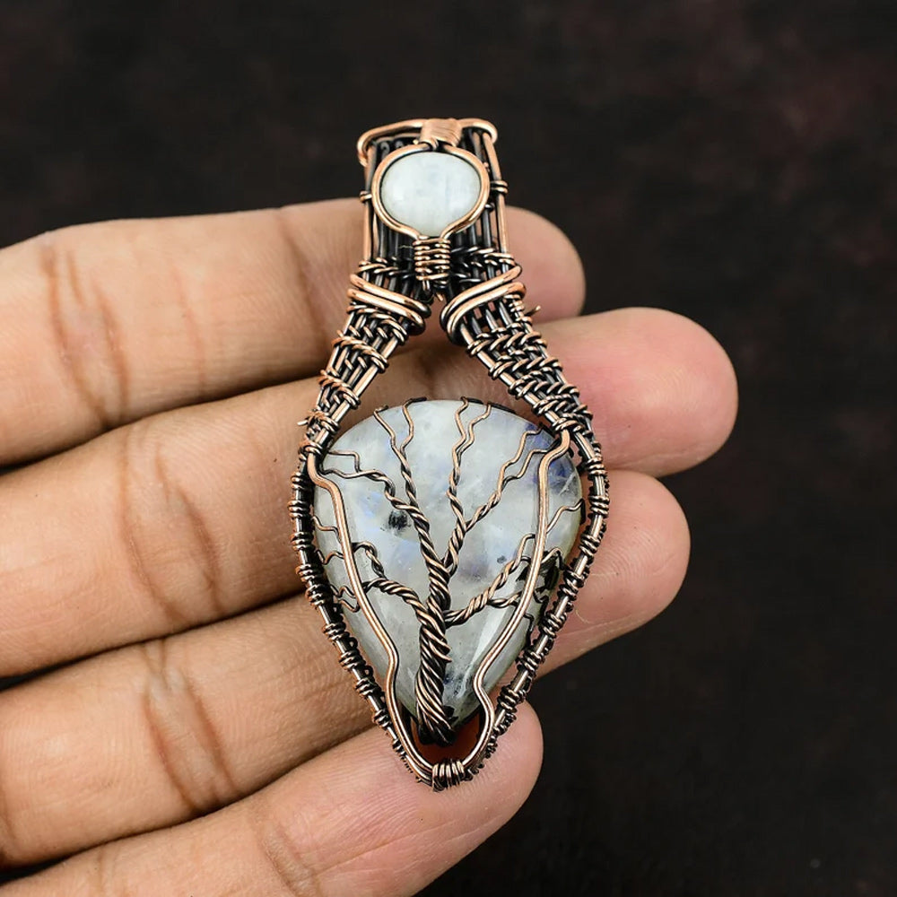 Handmade Copper/Brass Bezel With Tree Wire Wrapped Pendant Pear Shape 25To30MM Rainbow Moonstone Pendant For Happy Birthday Gift's