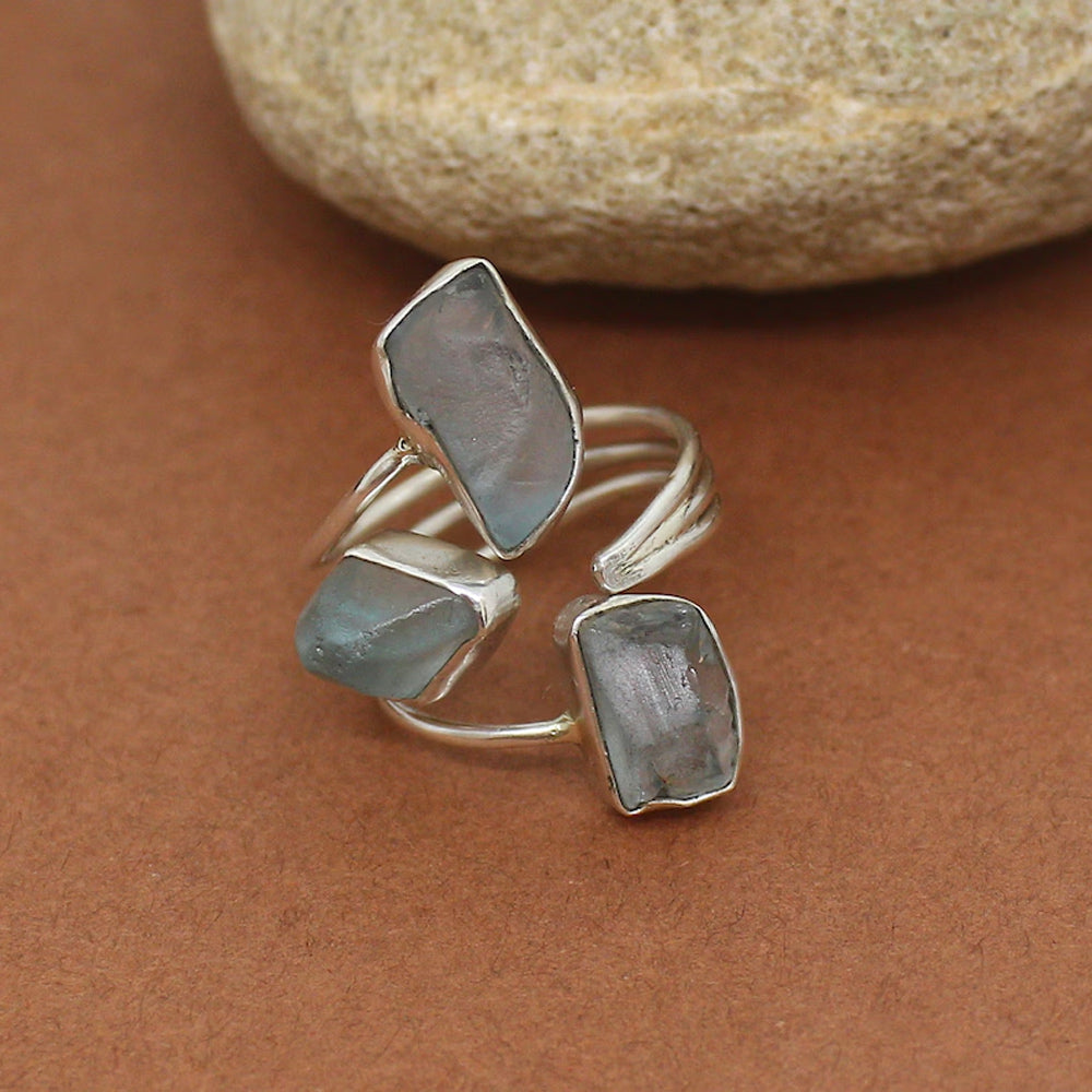 925 Sterling Silver Gold Plated Gemstone Rings Three Stone Ring 8X12MM Handmade Aquamarine Stone Raw Shape Bezel Set Ring For Her Jewelry