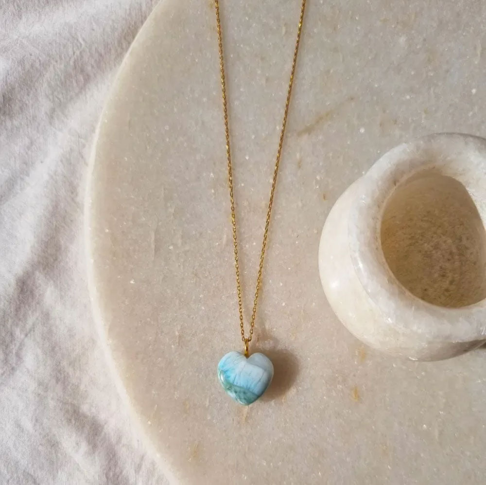 925 Sterling Silver Pendant With Chain Necklace Jewelry 10mm Heart Shape Larimar Gemstone Wire Wrapped Setting For Anniversary Gift's Women or Men Jewelry For Her