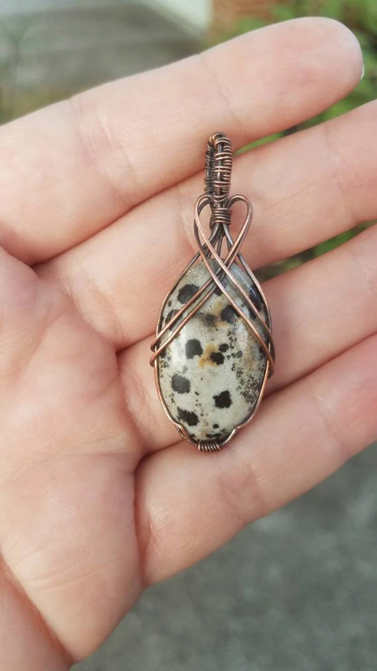 Handmade Copper Bezel With Wire Wrapped Pendant Oval Shape 25To30MM Dalmatian Stone Pendant For Happy Birthday Gift's