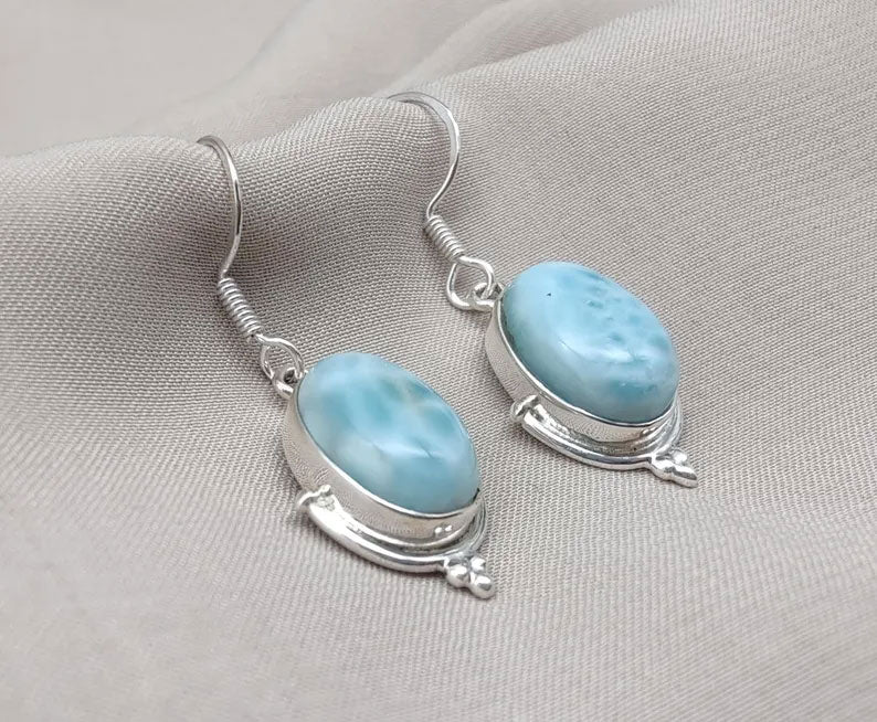 2025 Trendy Sterling Silver Dangle Pair Earring 10X14MM Oval Shaped Larimar Gemstone Bezel Setting For Anniversary Gift Women or Men Jewelry For Her