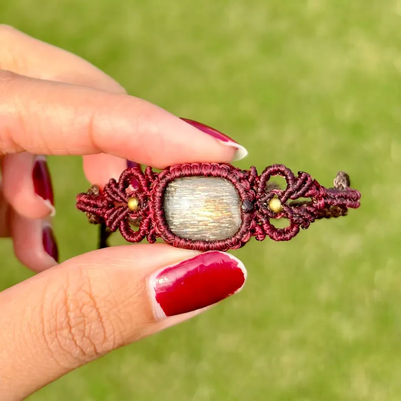 Maroon Macrame Sunstone Bracelet | Boho Hand-Woven Jewelry