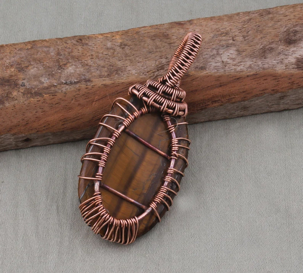 Handmade Copper Bezel With Tree Wire Wrapped Pendant Oval Shape 25To30MM Tiger Eye Stone Pendant For Happy Birthday Gift's