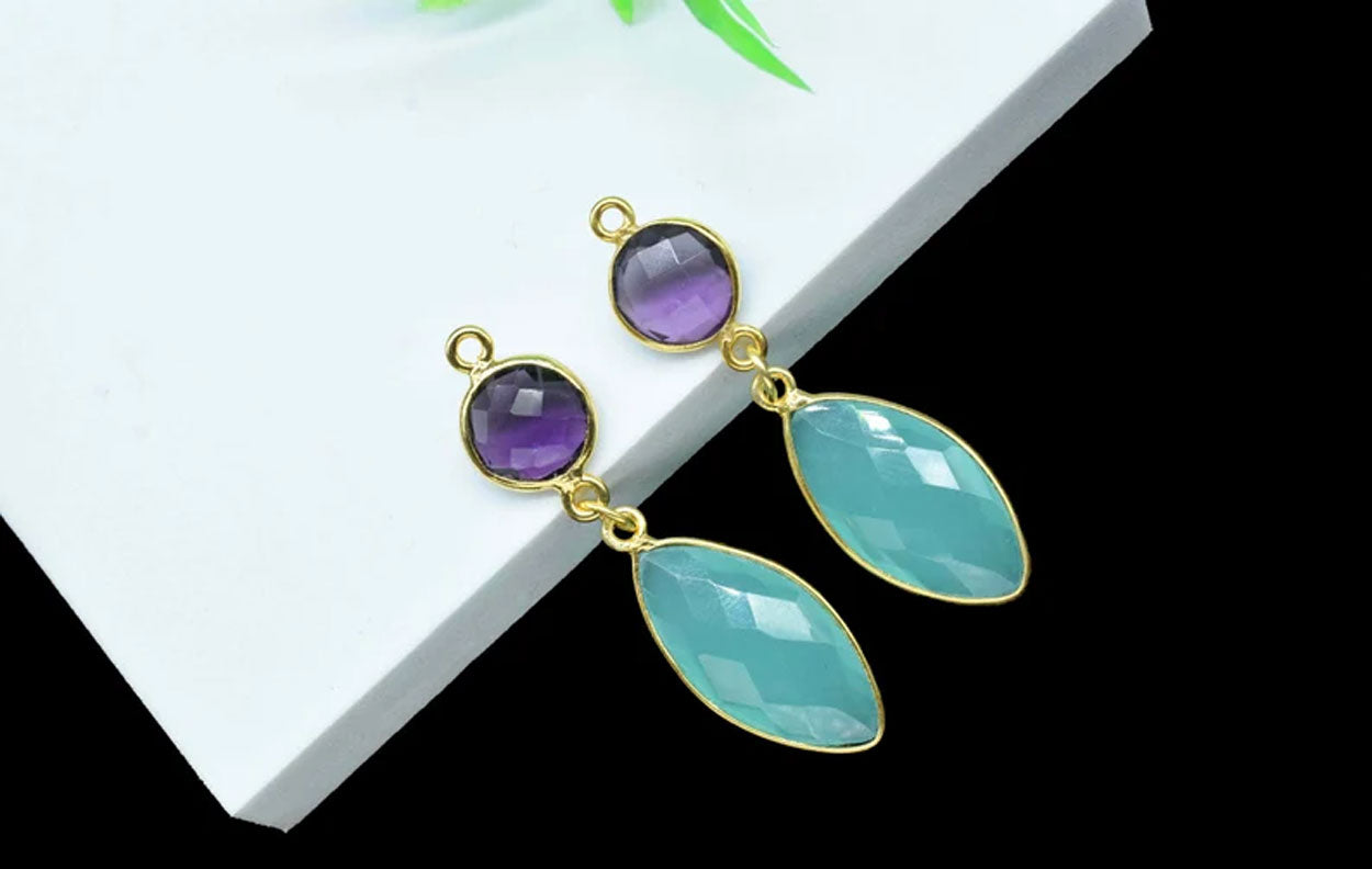 10MM or 5X5MM Amethyst Blue Chalcedony Gemstone Pear Round Shape Dangle Pair Earring Handmade Sterling Silver Earring For Women Girl Jewelry