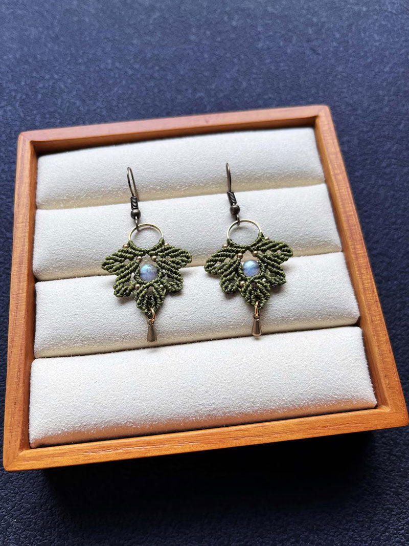 Forest Green Macrame Leaf Earrings | Hari Om Creations