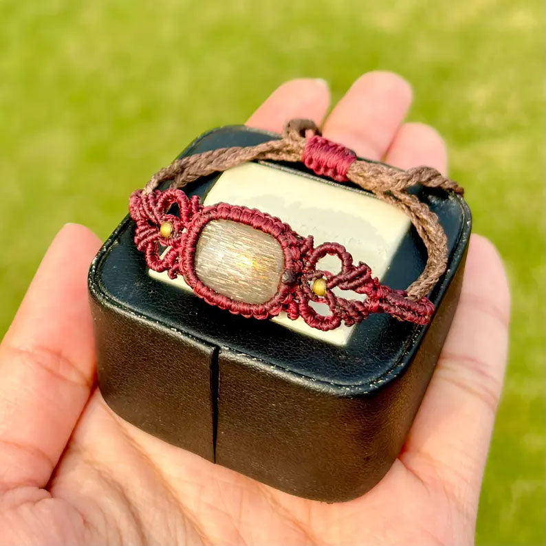 Maroon Macrame Sunstone Bracelet | Boho Hand-Woven Jewelry
