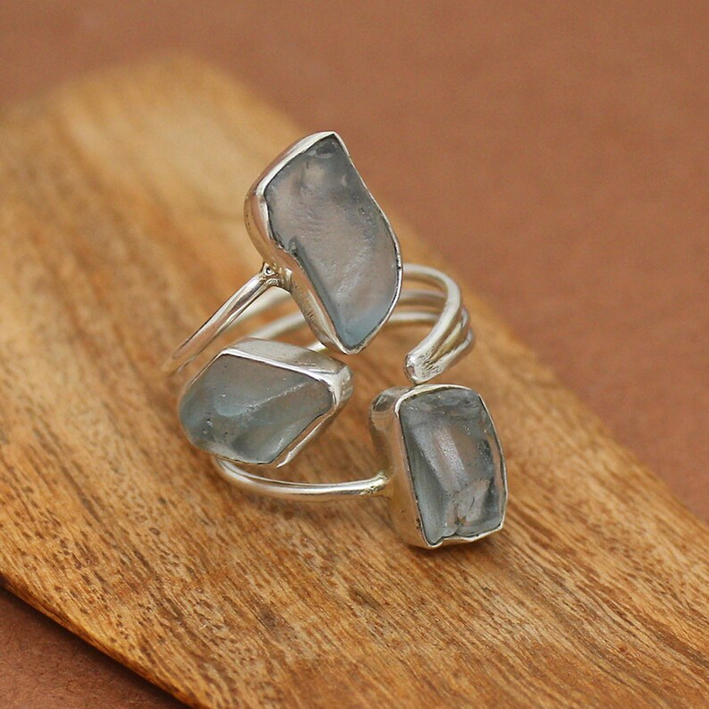 925 Sterling Silver Gold Plated Gemstone Rings Three Stone Ring 8X12MM Handmade Aquamarine Stone Raw Shape Bezel Set Ring For Her Jewelry
