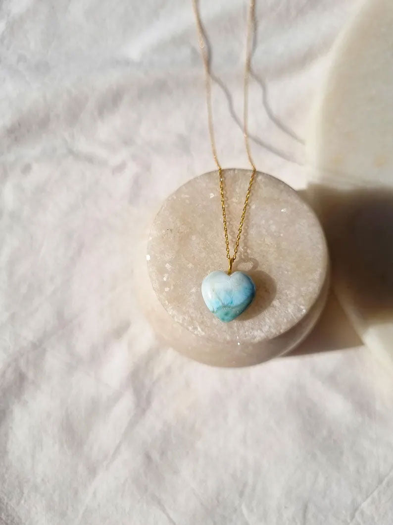 925 Sterling Silver Pendant With Chain Necklace Jewelry 10mm Heart Shape Larimar Gemstone Wire Wrapped Setting For Anniversary Gift's Women or Men Jewelry For Her