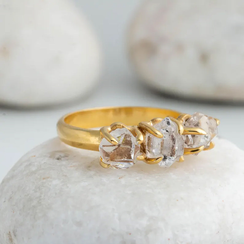 Trendy 925 Sterling Silver Gold Plated Gems Rings 8To10MM Handmade Harkimar Stone Diamond Stone Shape Bezel Set Ring For Her Jewelry