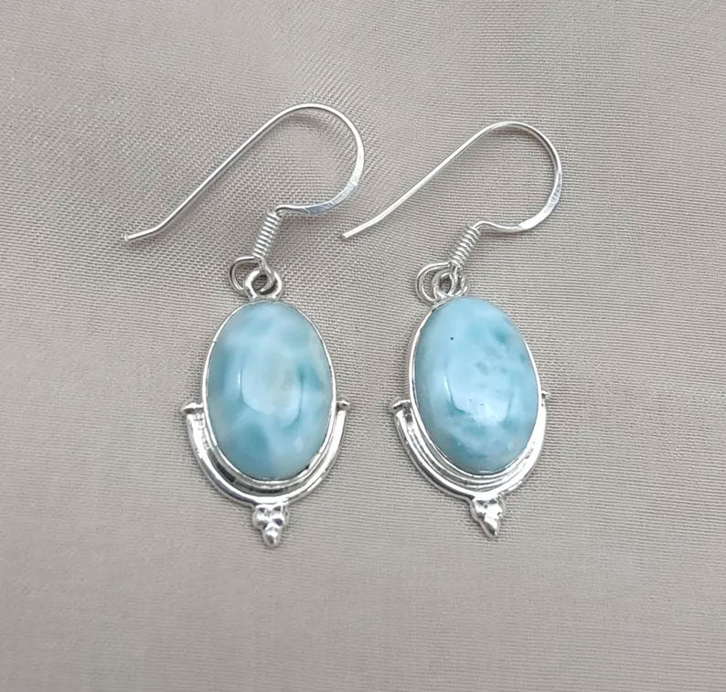 2025 Trendy Sterling Silver Dangle Pair Earring 10X14MM Oval Shaped Larimar Gemstone Bezel Setting For Anniversary Gift Women or Men Jewelry For Her