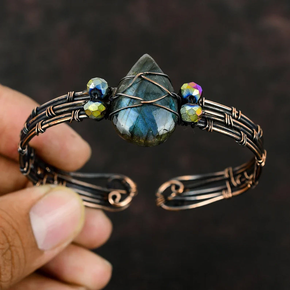 Handmade Pear Shape 20To25MM Copper Adjustable Bracelet Labradorite Stone Bezel With Copper Wire Wrapped Set Fashion Bracelet For Women Gift's