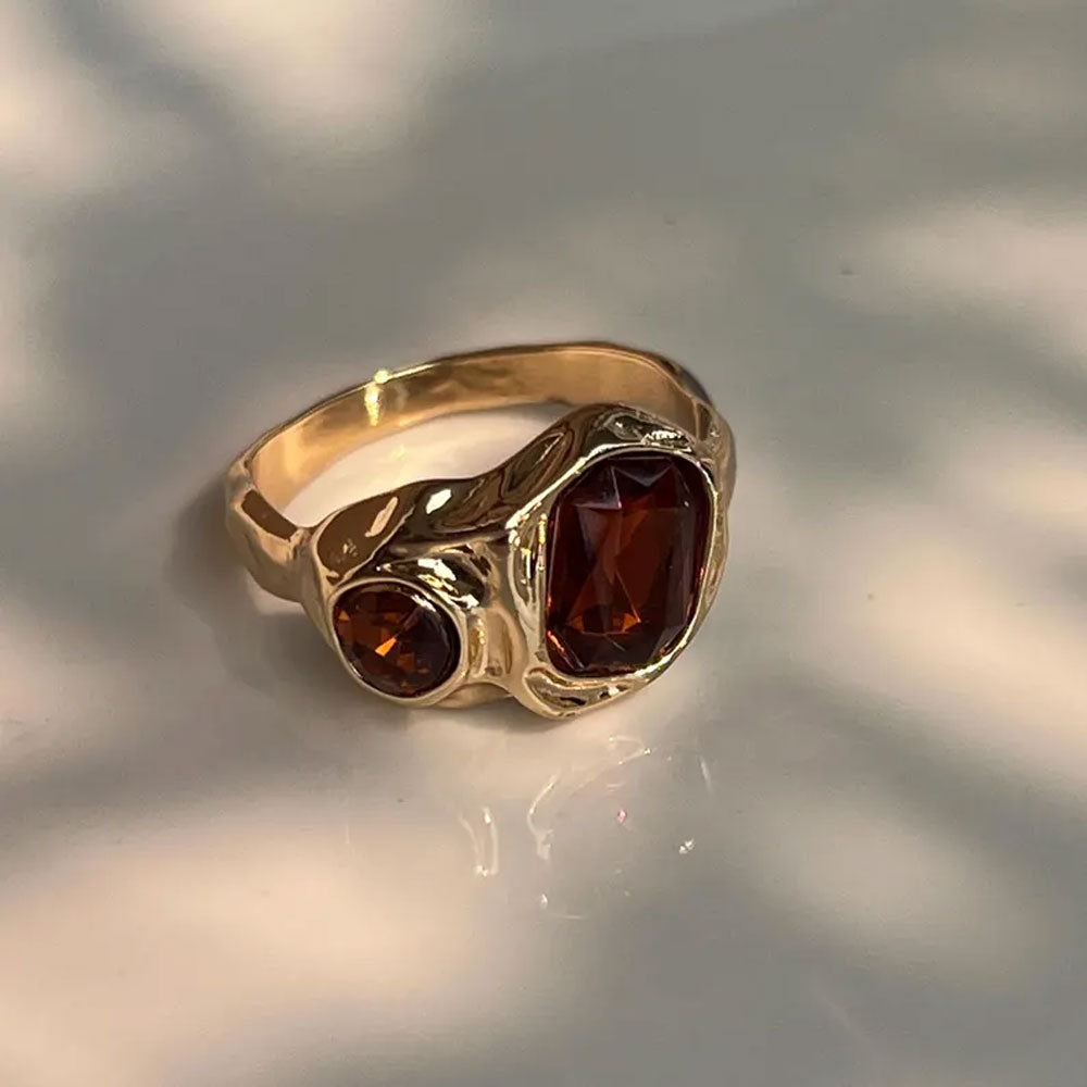 Gold Organic Band Ring with Dual Garnet Gemstones