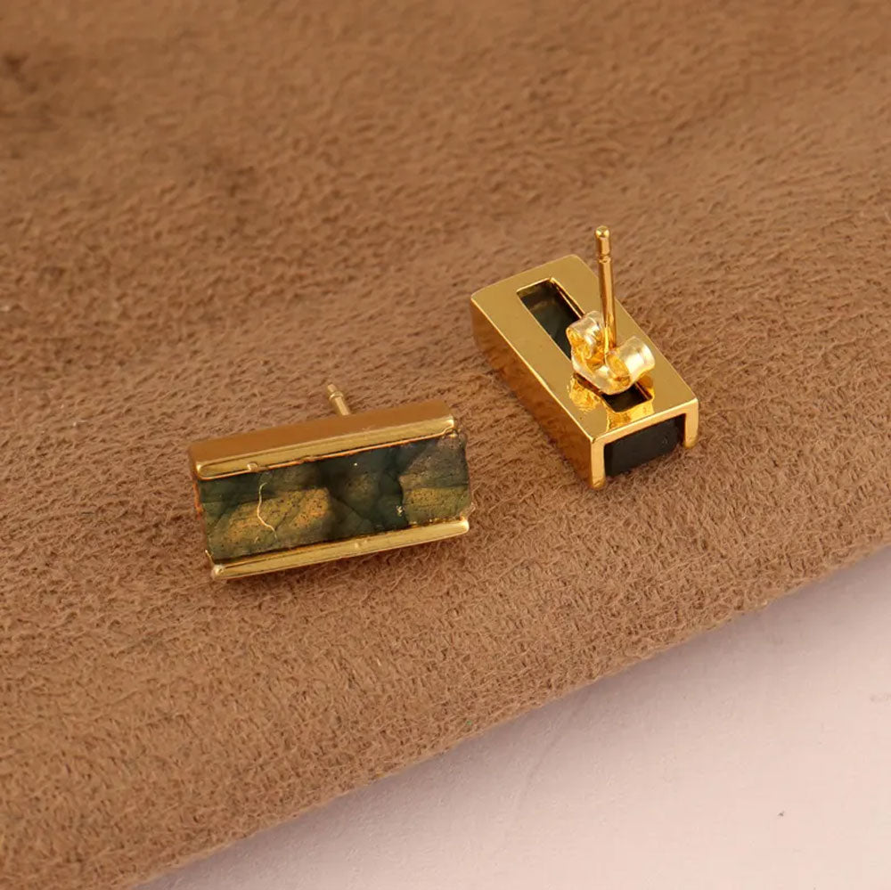 Natural Labradorite Bar Stud Earrings | Modern Gold Settings