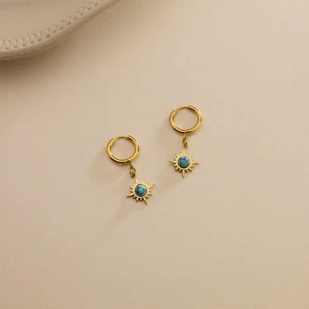 Turquoise Sun Charm Hoop Earrings | Celestial Gold Jewelry