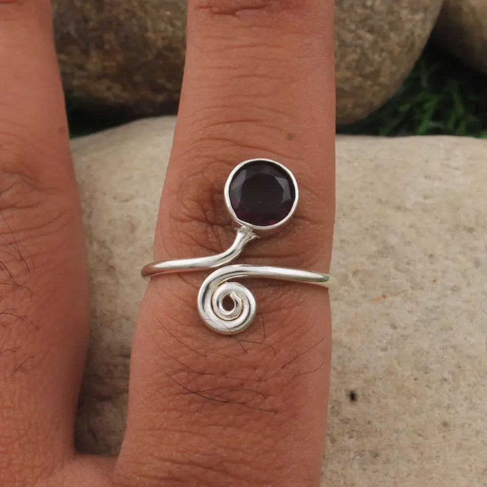 925 Silver Garnet Spiral Bypass Ring | Boho Jewelry
