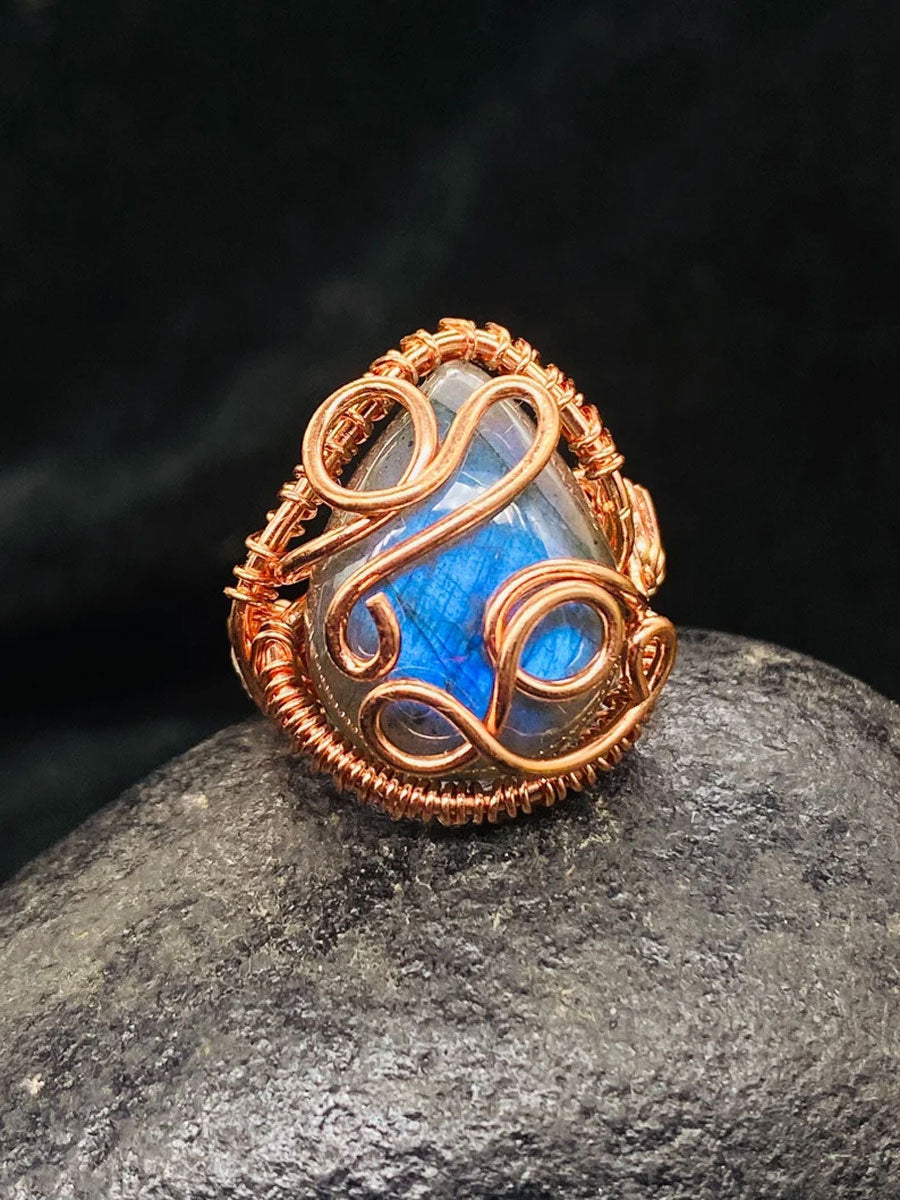 Handmade Wire Wrapped Brass Ring Size 15To20MM Pear Shape Labradorite Stone Bezel Set Ring For Happy Birthday Gift For Women
