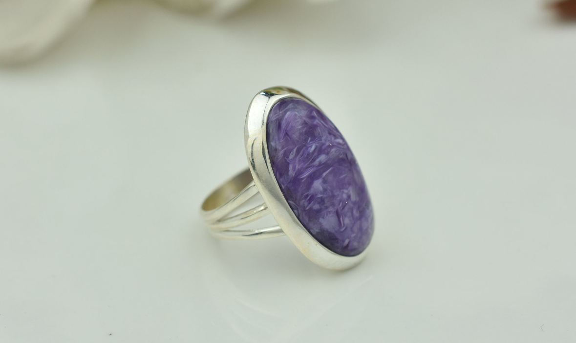 Oval Shape Charoite Gemstone Silver Ring Bezel 10X14mm