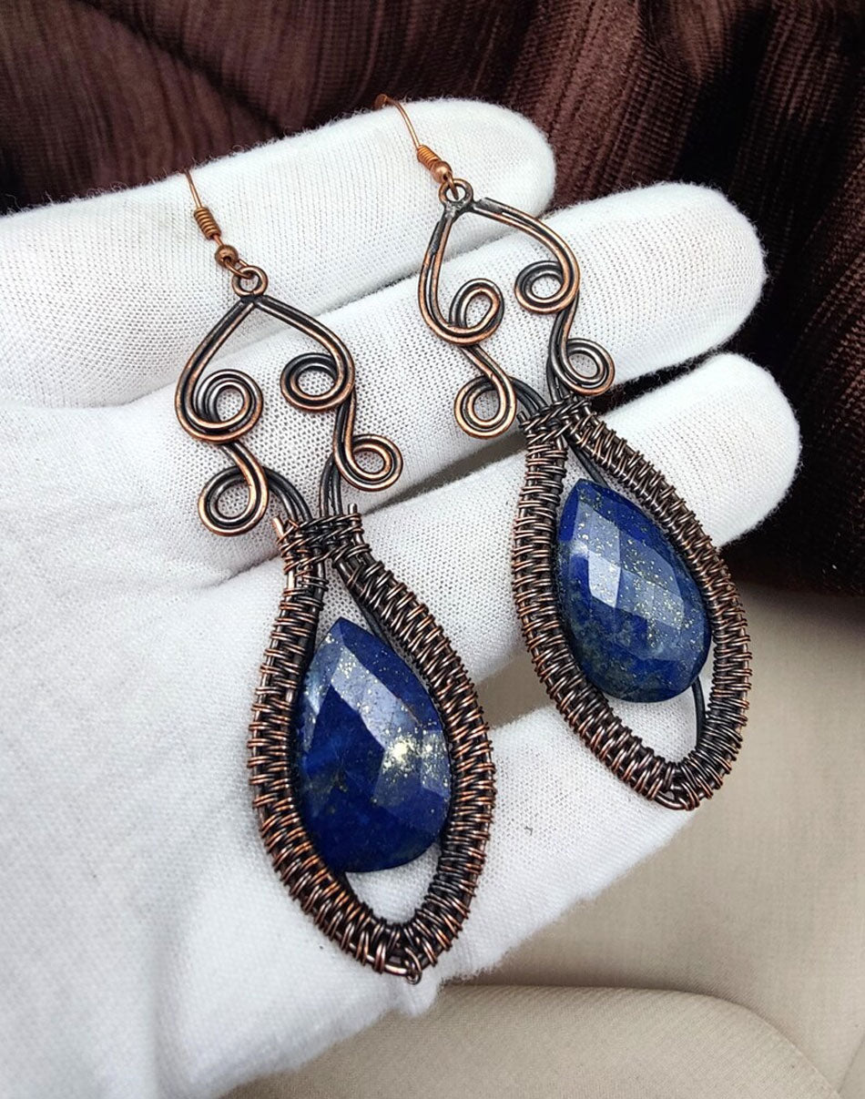 Handmade Metal Wire Wrapped Dangle Pair Earrings Lapis Lazuli Gemstone Stone Size 15MM Pear Shape Wire Wrapped Setting Earring Foe Women's Gift Jewelry
