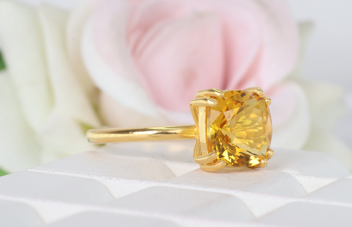 Crafted By Hand Sterling Silver Gold Plated Fine Ring With Square Citrine Faceted Gemstone Prong Set For Anniversary Gift Women or Men Jewelry
