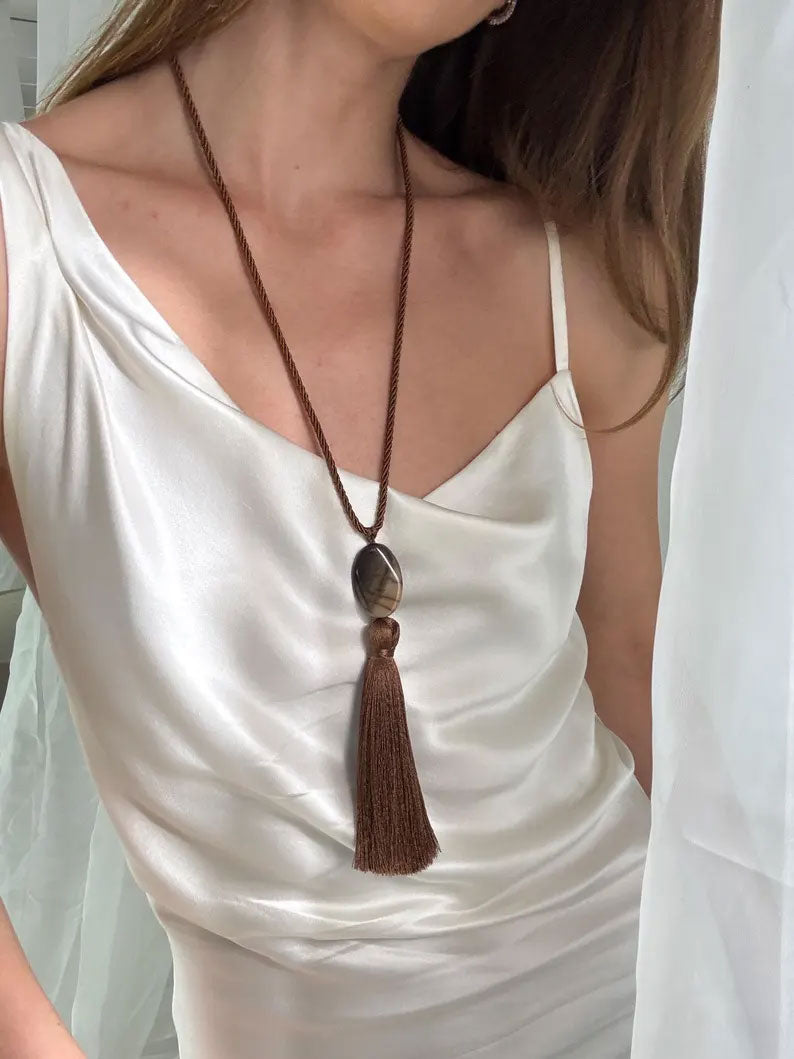 Elegant Brown Tassel Necklace | Bohemian Stone Pendant