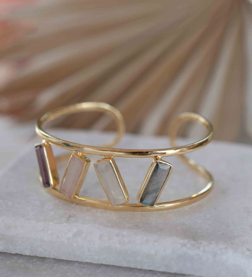 Adjustable Handmade Wire Wrapped Brass Bangle Size 12MM Rectangle Shape Labradorite Amethyst Moonstone Gemstone Bezel Set Bangle For Happy Birthday Gift For Women