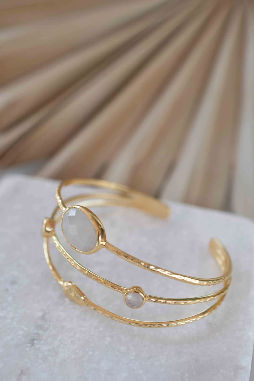 Adjustable Handmade Wire Wrapped Brass Bangle Size 10MM Rectangle Shape Moonstone Gemstone Bezel Set Bangle For Happy Birthday Gift For Women