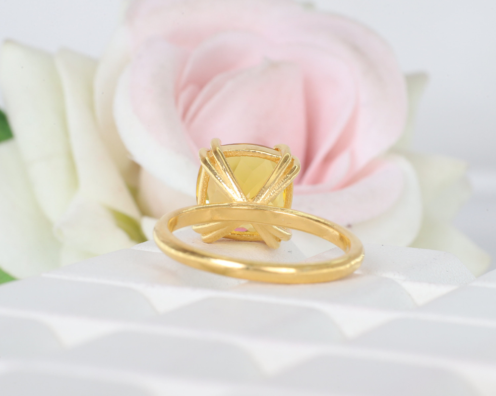 Crafted By Hand Sterling Silver Gold Plated Fine Ring With Square Citrine Faceted Gemstone Prong Set For Anniversary Gift Women or Men Jewelry