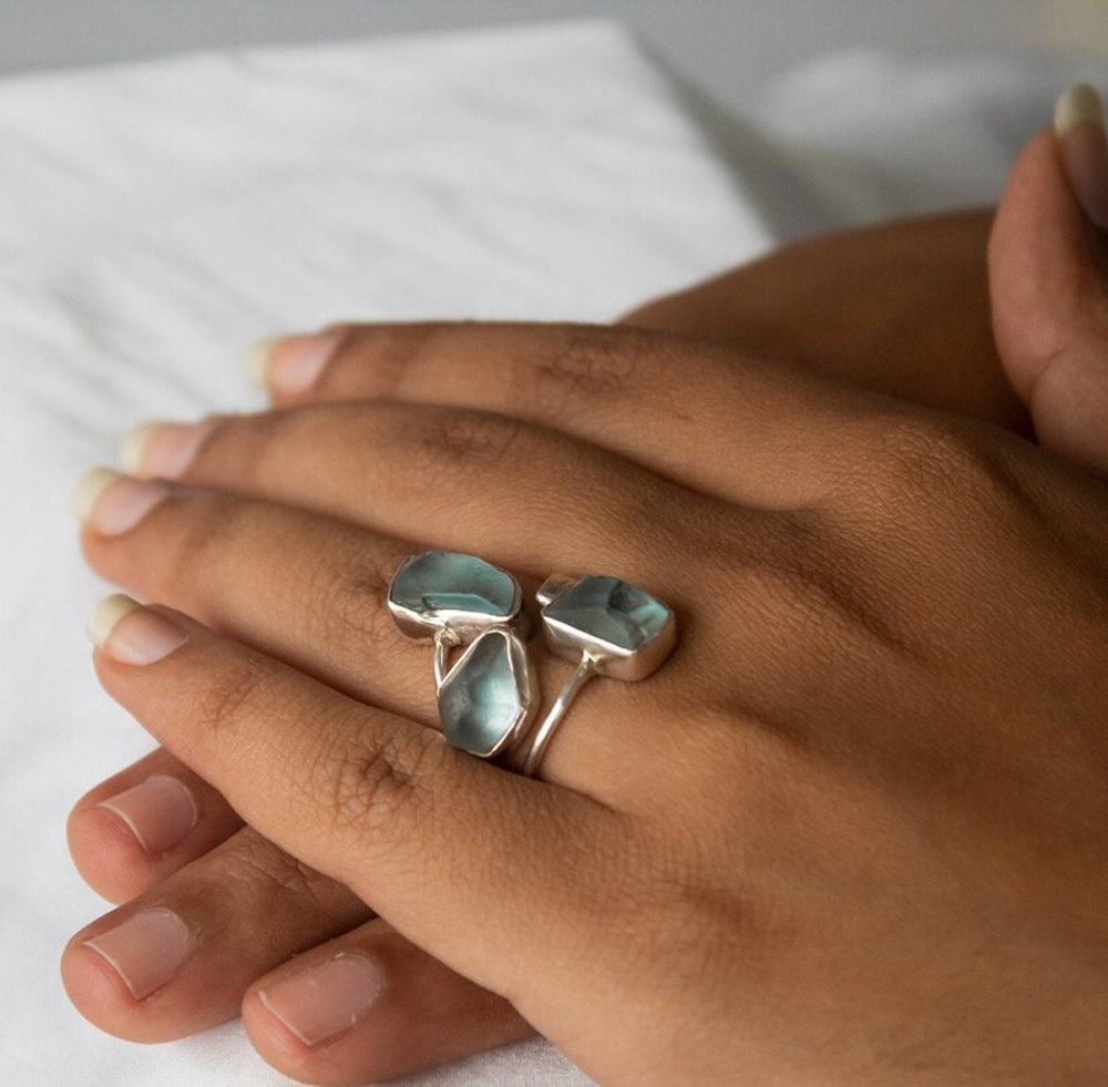 925 Sterling Silver Gold Plated Gemstone Rings Three Stone Ring 8X12MM Handmade Aquamarine Stone Raw Shape Bezel Set Ring For Her Jewelry