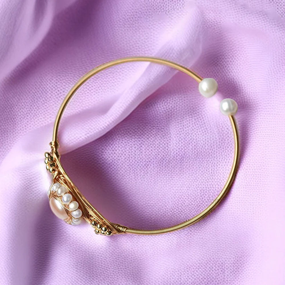 Adjustable Handmade Wire Wrapped Brass Bangle Size 12MM Round Shape Chinese White Pearl Gemstone Bezel Set Bangle For Happy Birthday Gift For Women