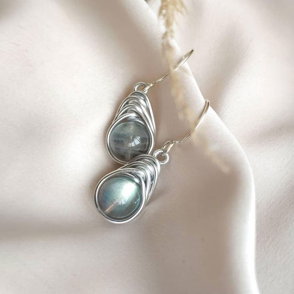 Handmade Metal Wire Wrapped Dangle Pair Earrings Labradorite Gemstone Stone Size 10MM Round Shape Wire Wrapped Setting Earring Foe Women's Gift Jewelry