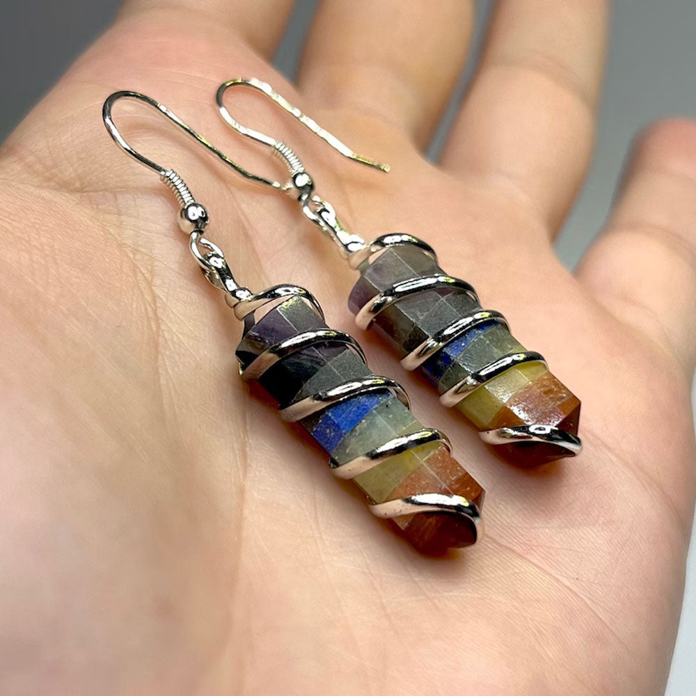 Handmade Metal Wire Wrapped Dangle Pair Earrings Seven Chakra Gemstone Stone Size 15To20MM Pencil Shape Wire Wrapped Setting Earring Foe Women's Gift Jewelry
