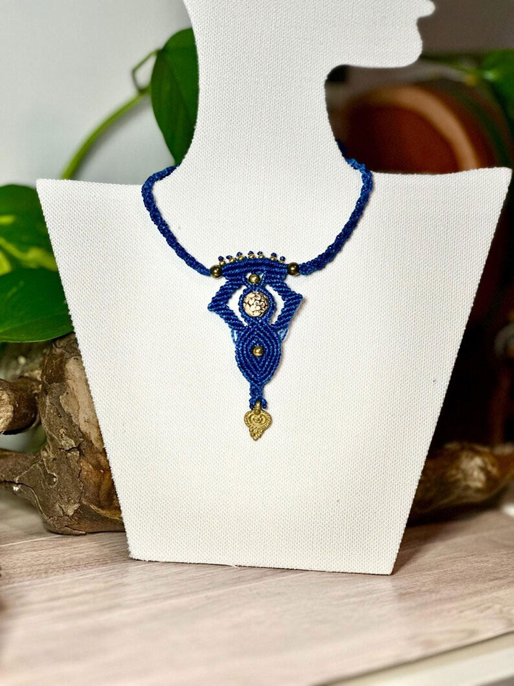Royal Blue Macramé Pendant with Brass Accents | Hariom Creations