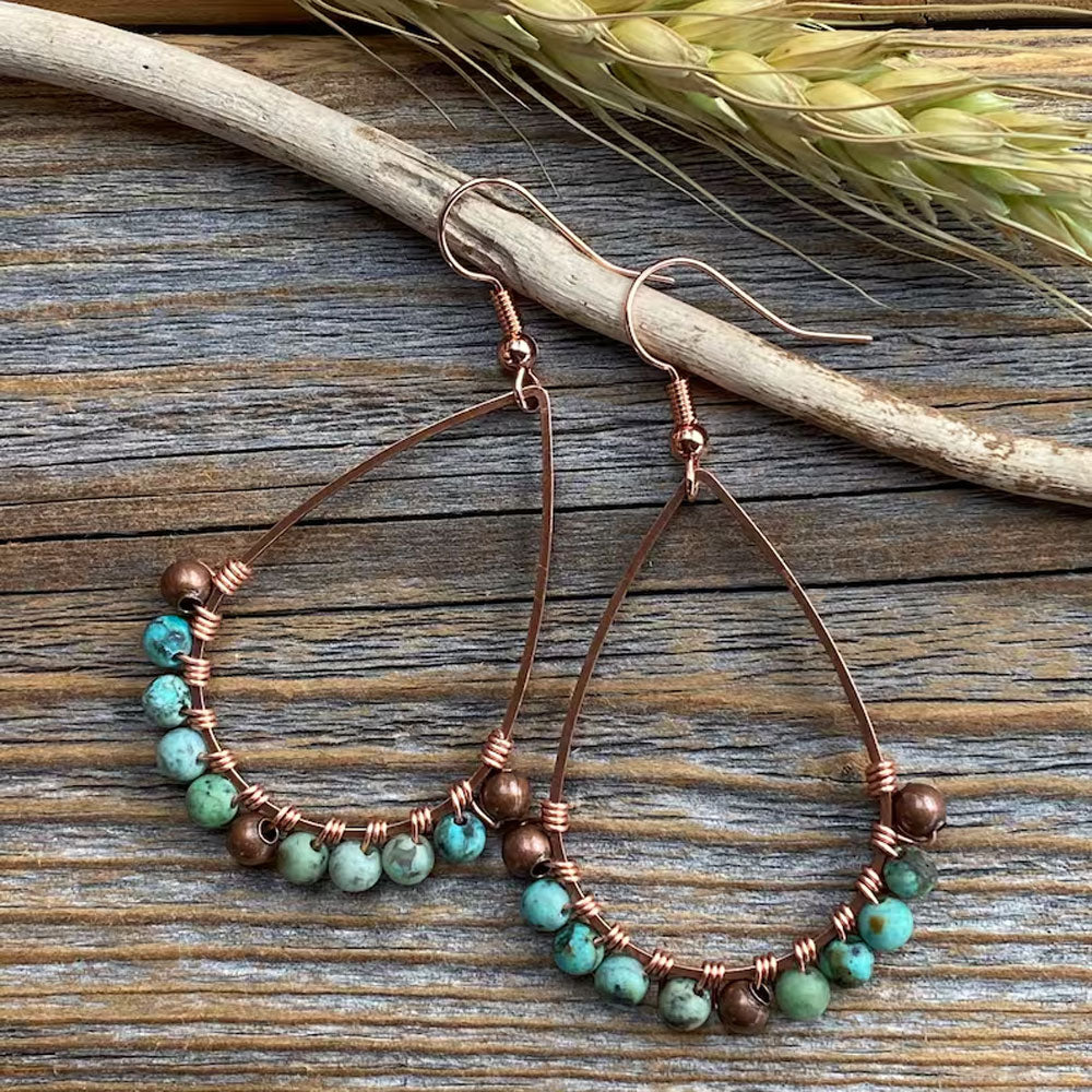 Handmade Metal Wire Wrapped Dangle Pair Earrings Turquoise Beads Gemstone Stone Size 3X5MM Round Shape Wire Wrapped Setting Earring Foe Women's Gift Jewelry
