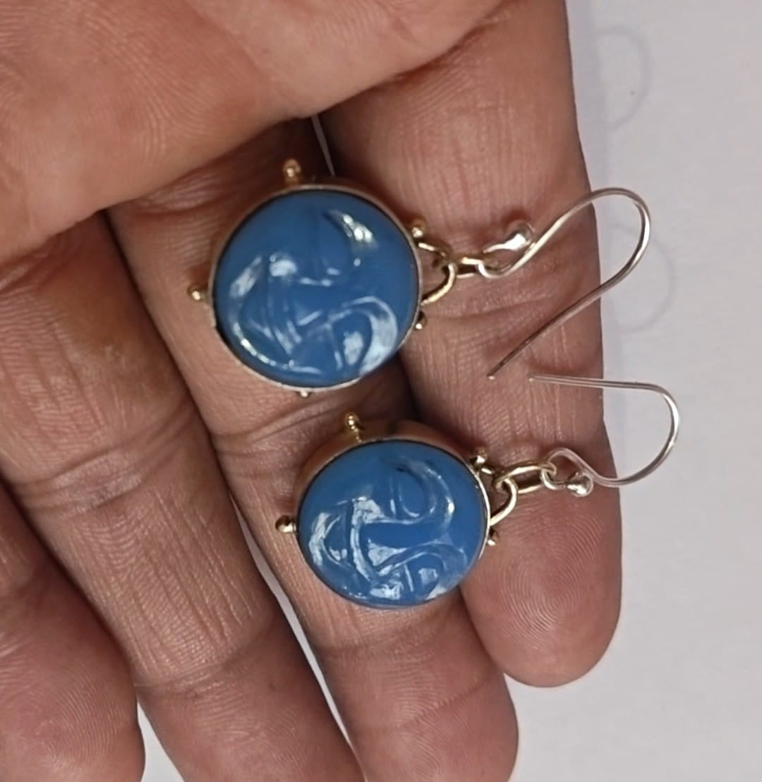 Blue chalcedony, full moon face, 10mm, dangle bezel set, silver