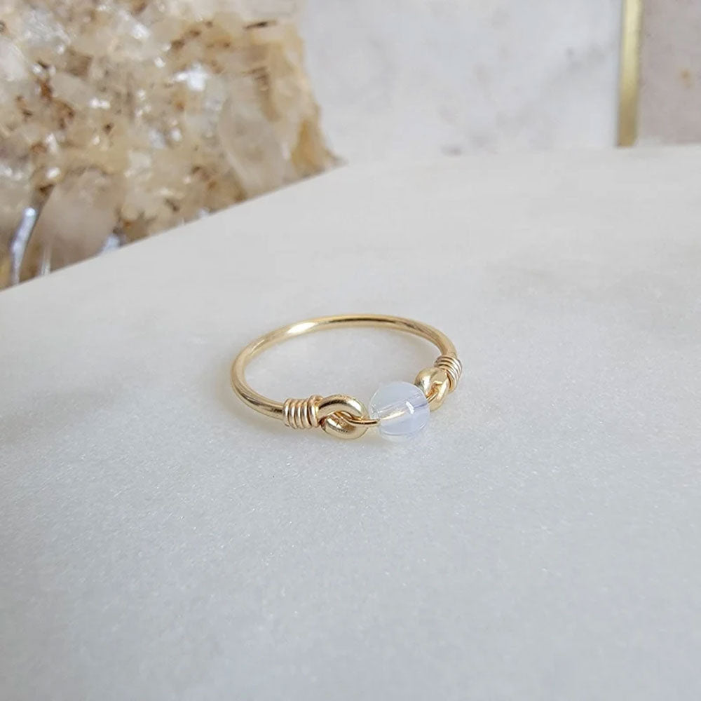 Gold Wire Knot Ring with Opalite Moonstone Bead