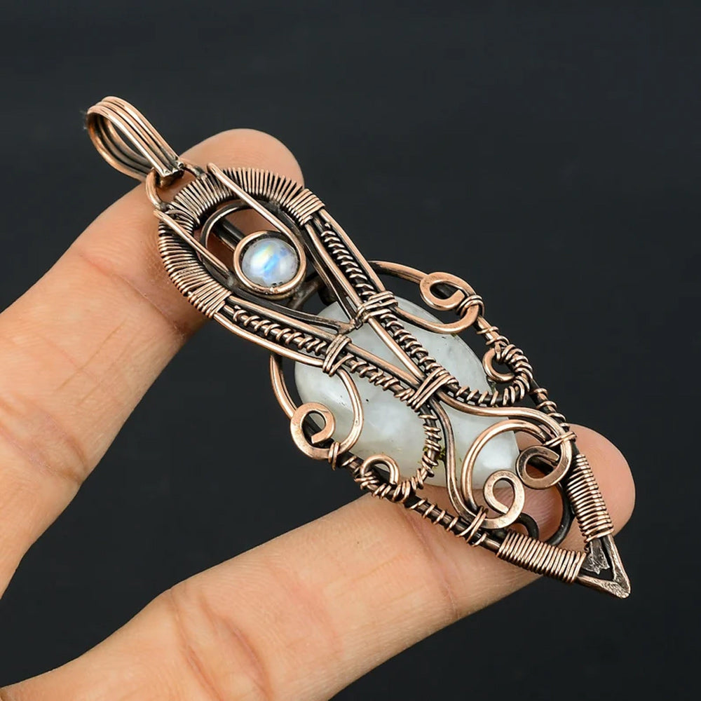 Awesome Handmade Copper/Brass Bezel With Wire Wrapped Pendant Pear Shape 25To30MM Rainbow Moonstone Pendant For Happy Birthday Gift's