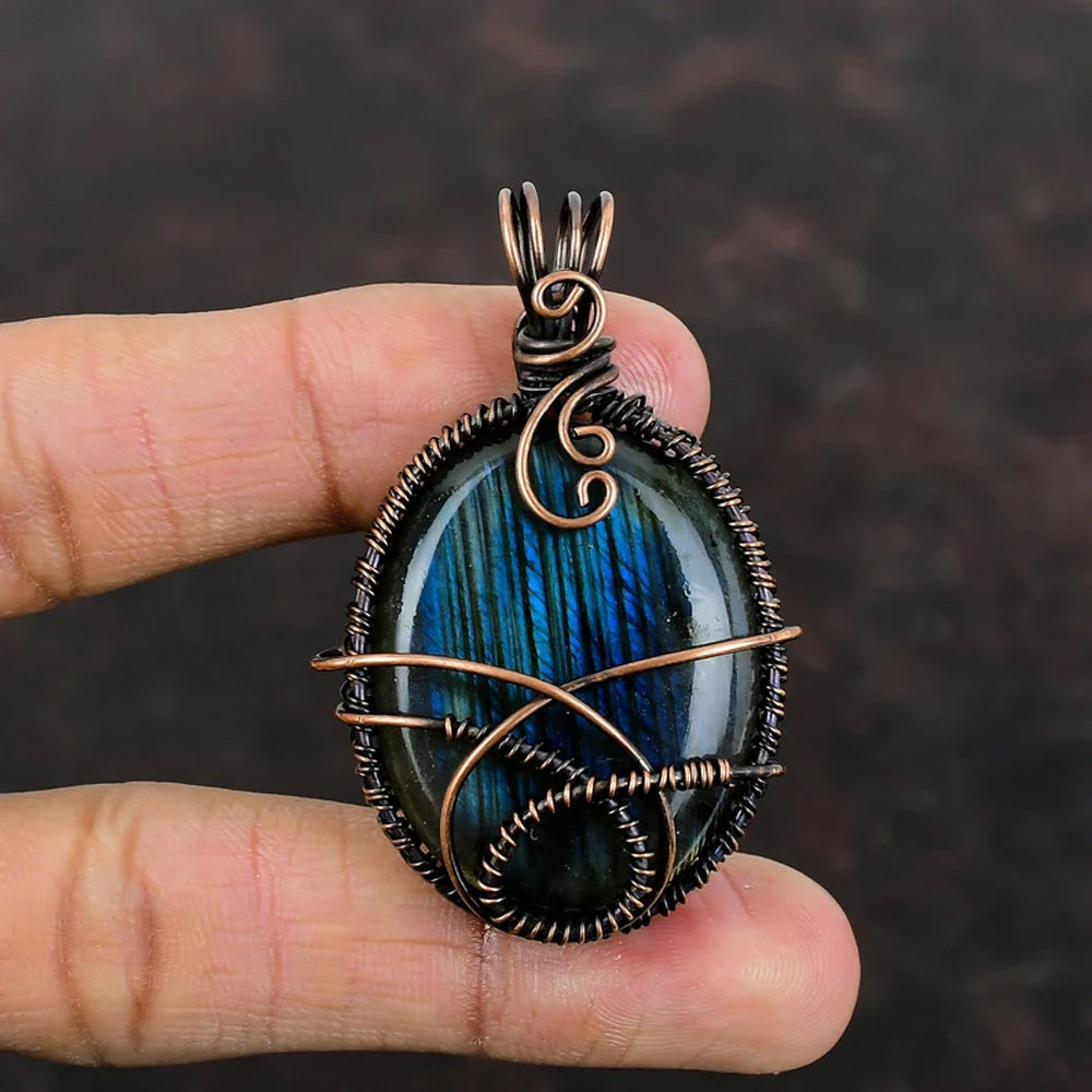 Awesome Handmade Copper/Brass Bezel With Wire Wrapped Pendant Oval Shape 20To25MM Labradorite Stone Pendant For Happy Birthday Gift's