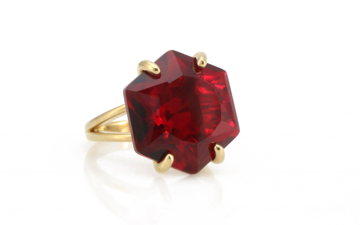 Crafted By Hand Sterling Silver Gold Plated Smart Ring 10" With Hexagon Shape Garnet Cut Gemstone Prong Set For Anniversary Gift Women or Men Jewelry