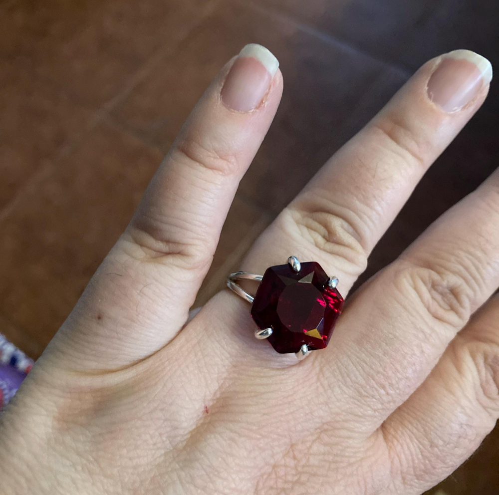 Crafted By Hand Sterling Silver Gold Plated Smart Ring 10" With Hexagon Shape Garnet Cut Gemstone Prong Set For Anniversary Gift Women or Men Jewelry