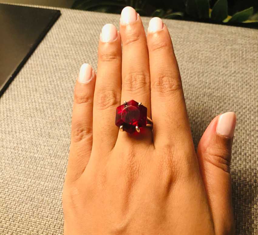 Crafted By Hand Sterling Silver Gold Plated Smart Ring 10" With Hexagon Shape Garnet Cut Gemstone Prong Set For Anniversary Gift Women or Men Jewelry