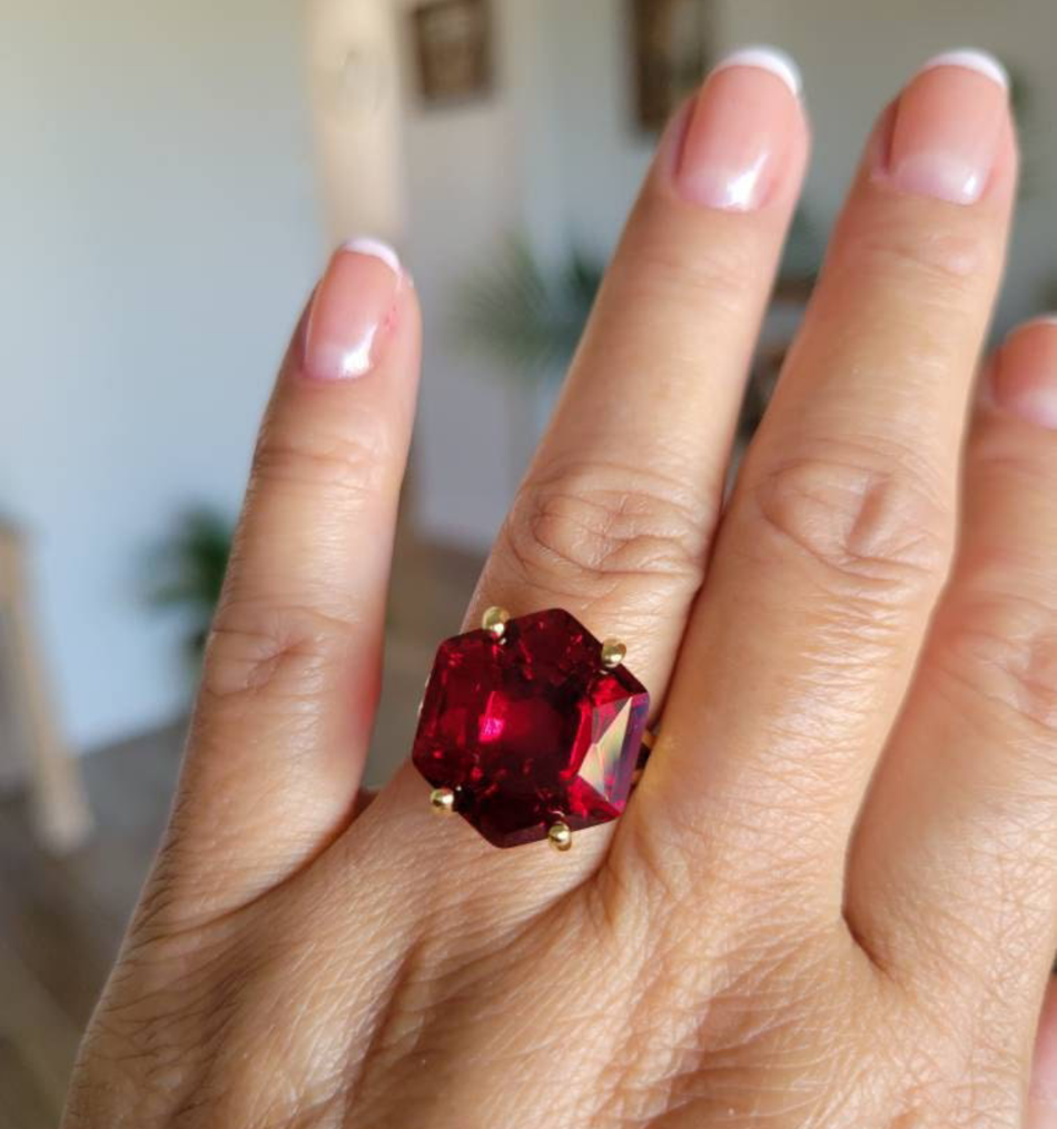 Crafted By Hand Sterling Silver Gold Plated Smart Ring 10" With Hexagon Shape Garnet Cut Gemstone Prong Set For Anniversary Gift Women or Men Jewelry