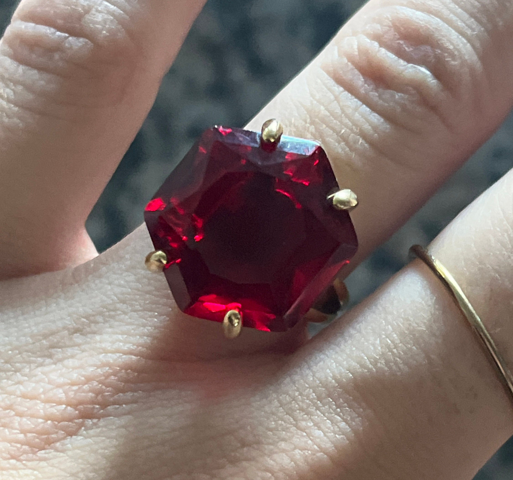 Crafted By Hand Sterling Silver Gold Plated Smart Ring 10" With Hexagon Shape Garnet Cut Gemstone Prong Set For Anniversary Gift Women or Men Jewelry