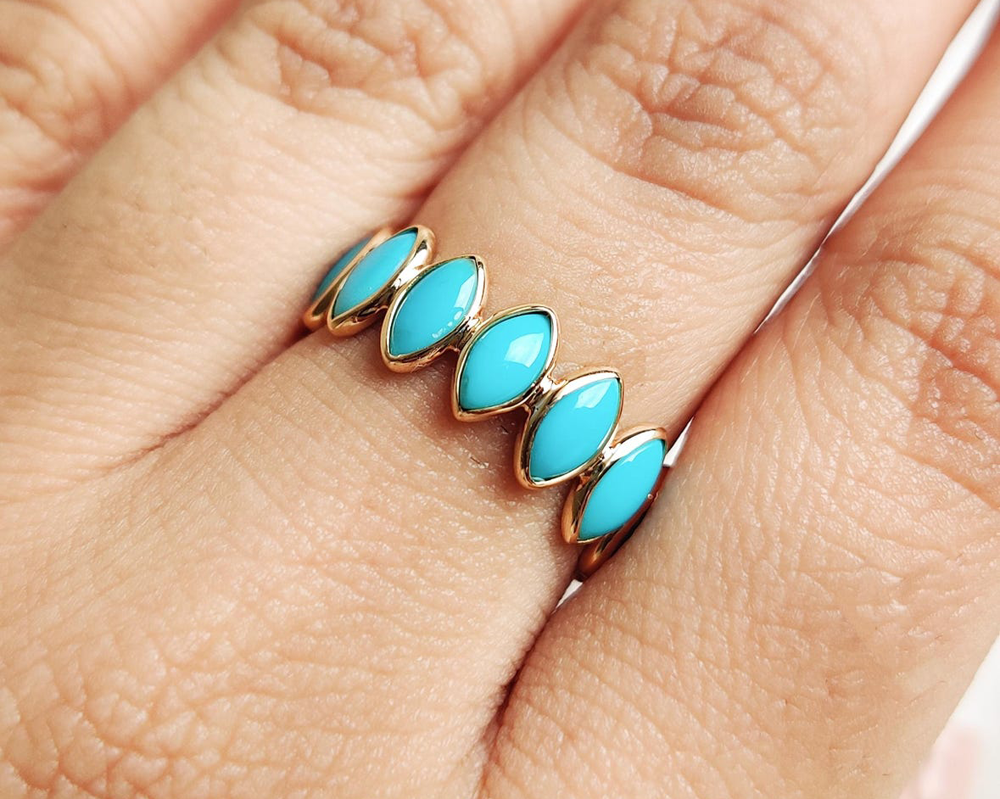 Crafted By Hand Sterling Silver Gold Plated Fine Ring 3X5MM Blue Chalcedony Marquise Shaped Gemstone Bezel Set For Anniversary Gift Women or Men Jewelry
