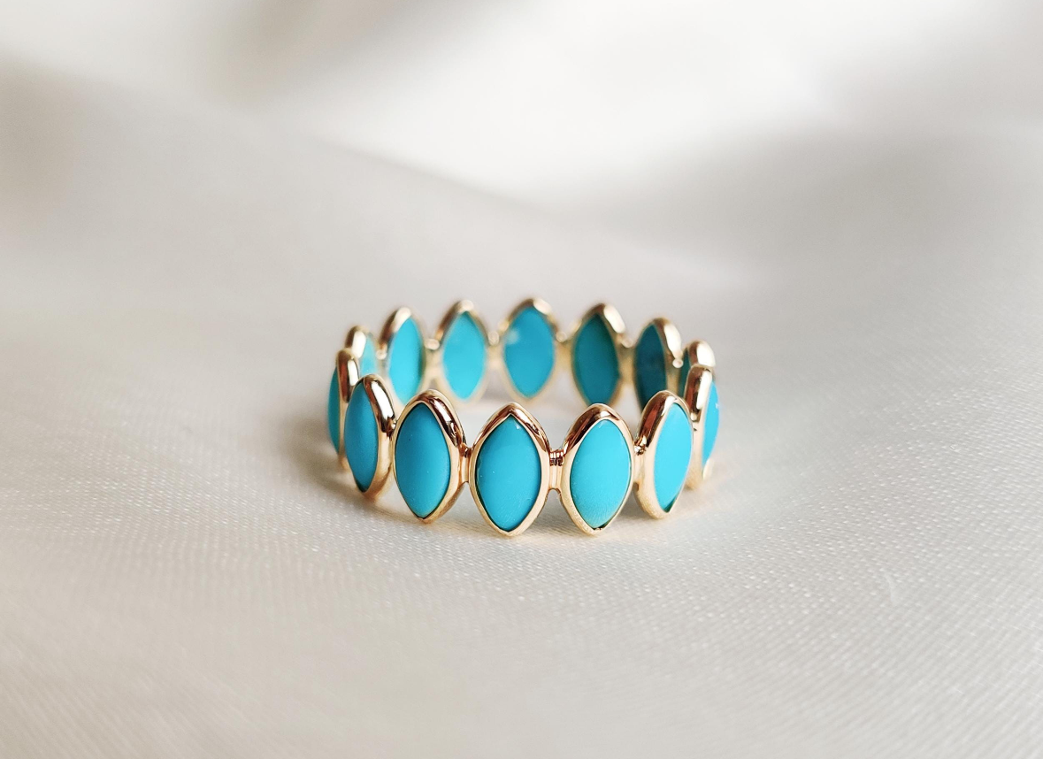 Crafted By Hand Sterling Silver Gold Plated Fine Ring 3X5MM Blue Chalcedony Marquise Shaped Gemstone Bezel Set For Anniversary Gift Women or Men Jewelry