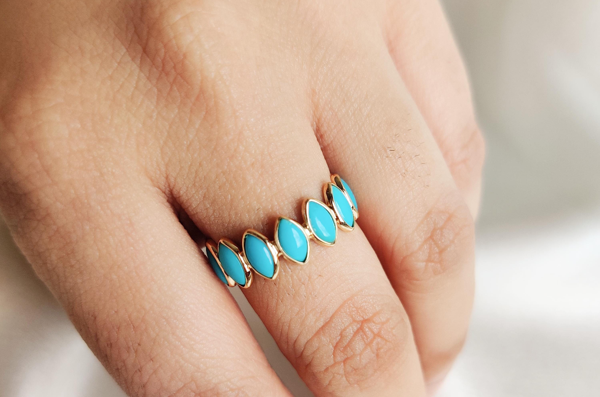 Crafted By Hand Sterling Silver Gold Plated Fine Ring 3X5MM Blue Chalcedony Marquise Shaped Gemstone Bezel Set For Anniversary Gift Women or Men Jewelry