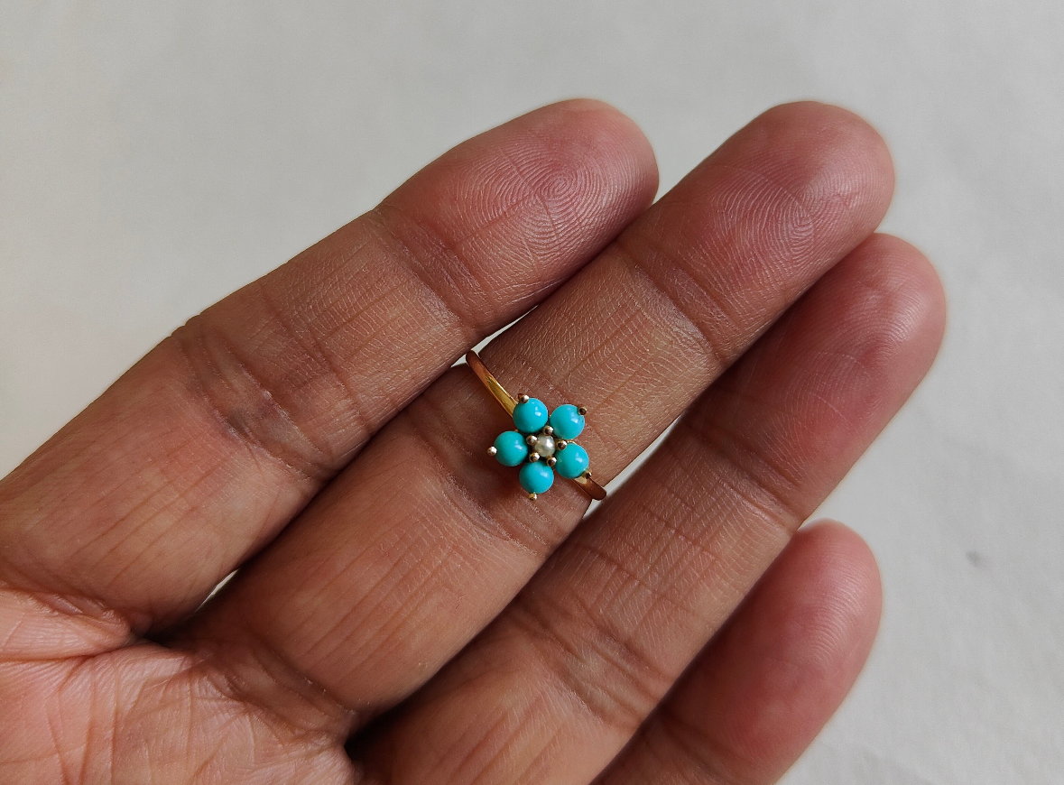 Crafted By Hand Sterling Silver Gold Plated Smart Ring 5MM With Flower Shaped Turquoise Beads Gemstone Prong Set For Anniversary Gift Women or Men Jewelry