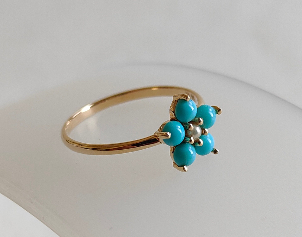 Crafted By Hand Sterling Silver Gold Plated Smart Ring 5MM With Flower Shaped Turquoise Beads Gemstone Prong Set For Anniversary Gift Women or Men Jewelry