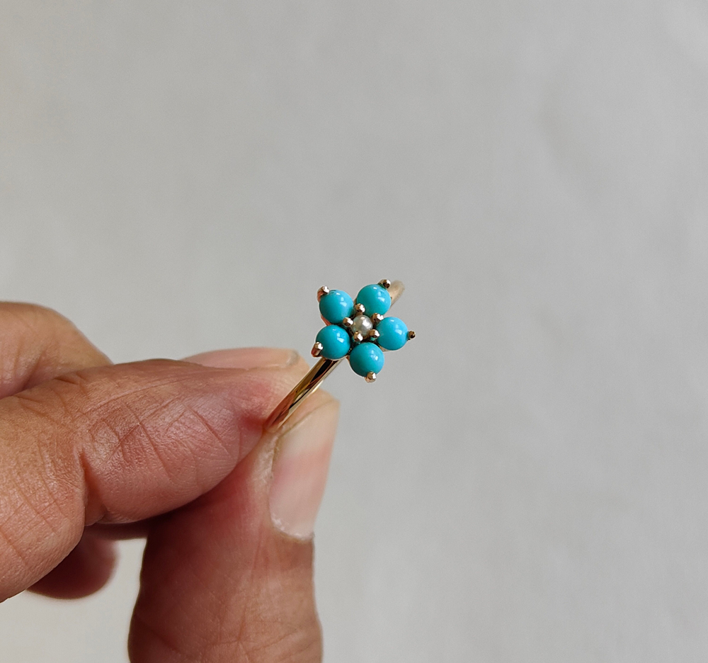 Crafted By Hand Sterling Silver Gold Plated Smart Ring 5MM With Flower Shaped Turquoise Beads Gemstone Prong Set For Anniversary Gift Women or Men Jewelry