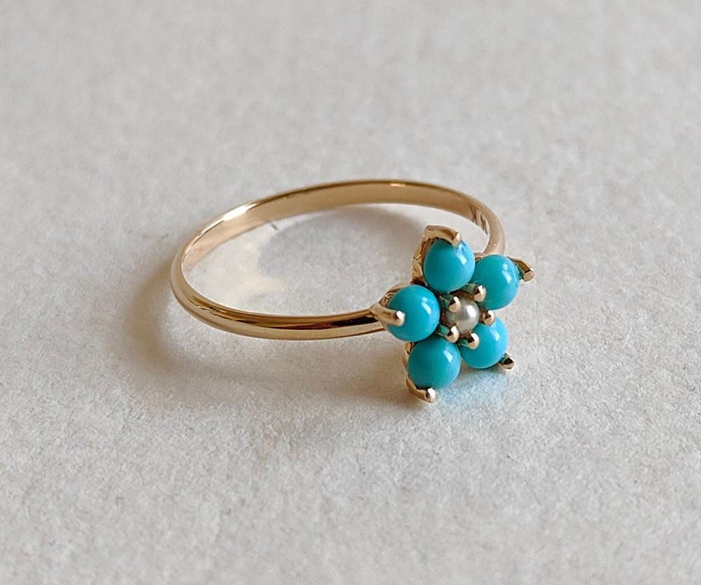 Crafted By Hand Sterling Silver Gold Plated Smart Ring 5MM With Flower Shaped Turquoise Beads Gemstone Prong Set For Anniversary Gift Women or Men Jewelry