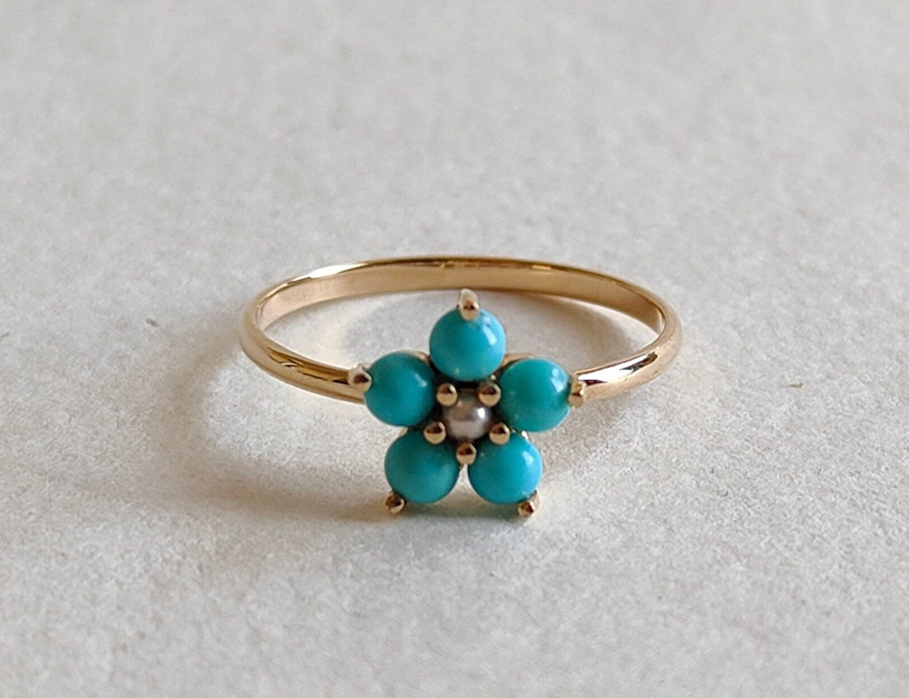 Crafted By Hand Sterling Silver Gold Plated Smart Ring 5MM With Flower Shaped Turquoise Beads Gemstone Prong Set For Anniversary Gift Women or Men Jewelry